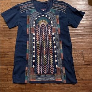 Johnny Was 3J Workshop Blue Embroidered Peasant Tunic Top Size S